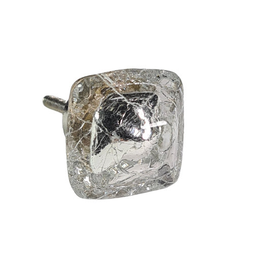 Glazen knop vierkant craquelé - zilver (3,3 x 3,3cm)