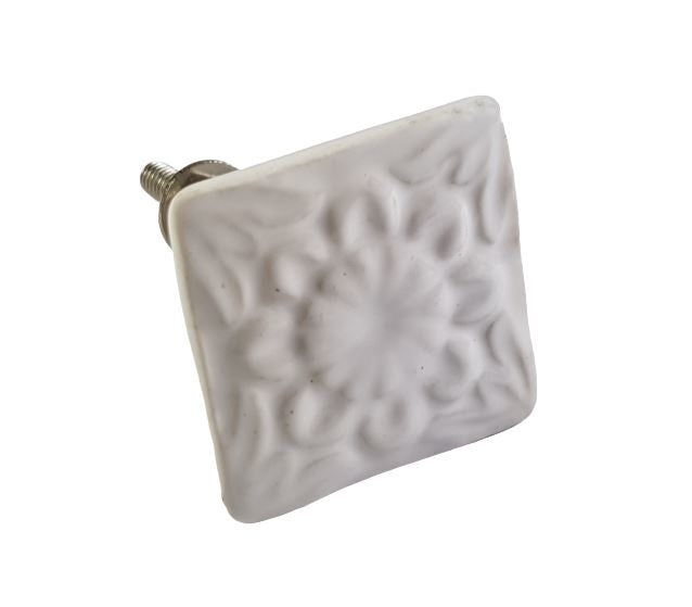 Bouton en porcelaine carré - blanc (3,5 x 3,5cm)